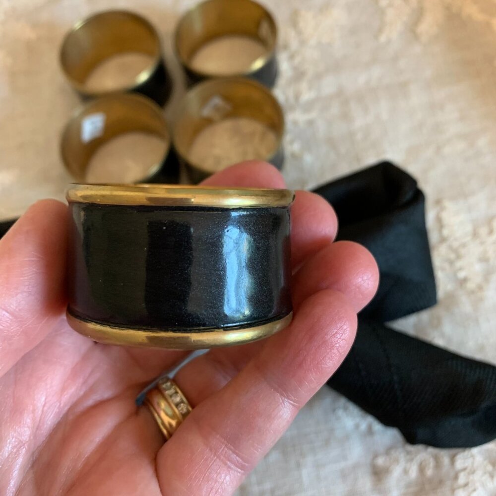 Napkin Rings Set of 6 Black Enamel and Brass Vintage Ralph Lauren Style Elegant